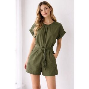Olive Green Romper Womens XS Tie Waist Short Sleeve Utility‎